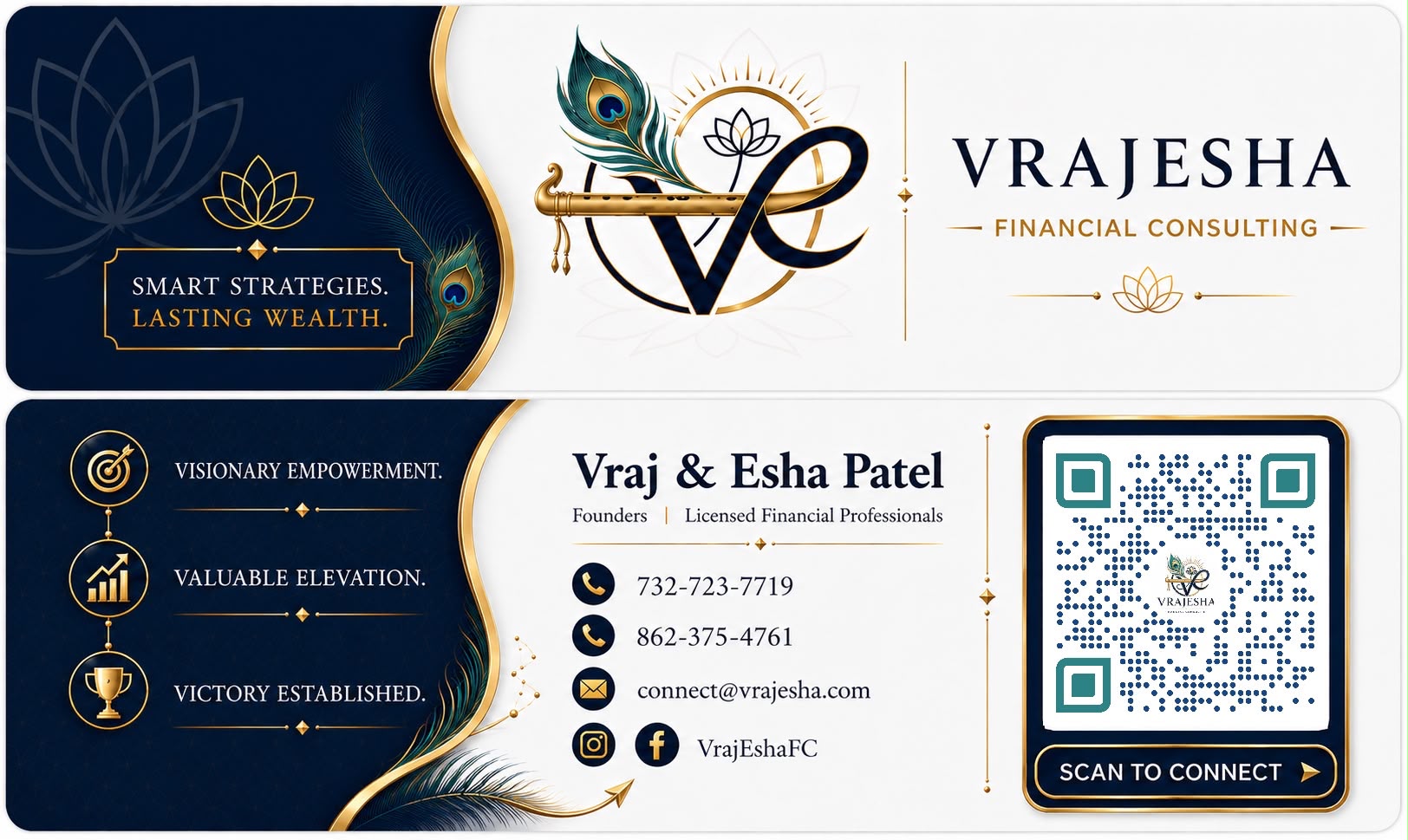 Vrajesha Financial Consulting — Smart Strategies. Lasting Wealth. Founders Vraj & Esha Patel, Licensed Financial Professionals. Phone 732-723-7719, 862-375-4761, connect@vrajesha.com, VrajEshaFC